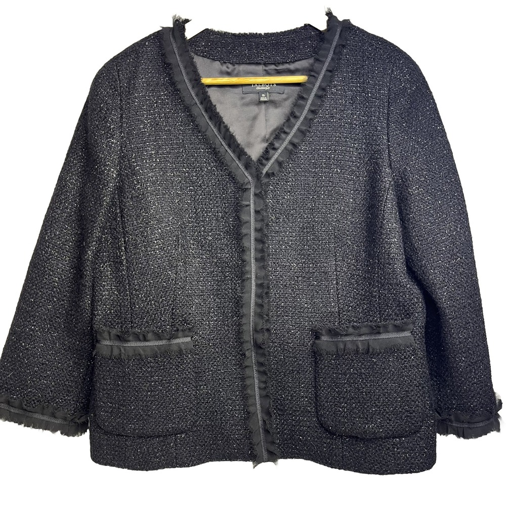 Talbots Size 10 Black Tweed Blazer Jacket Sparkle Wool Blend Ruffle Corp Core